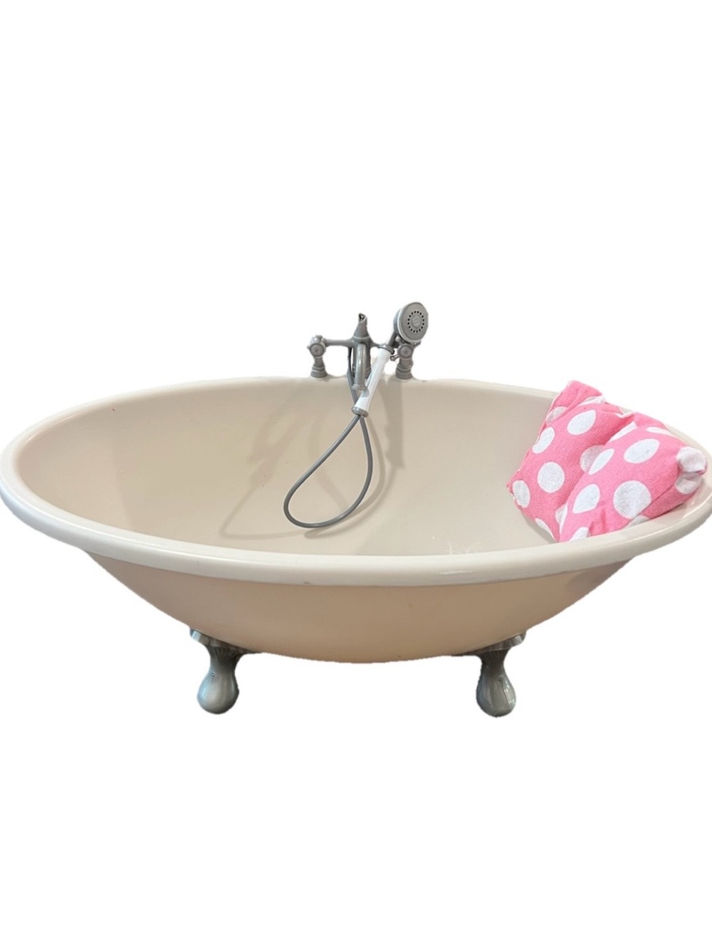LOT - American Girl Clawfoot Bathtub, Pink Doll Carrying Case, and Doll Clothes